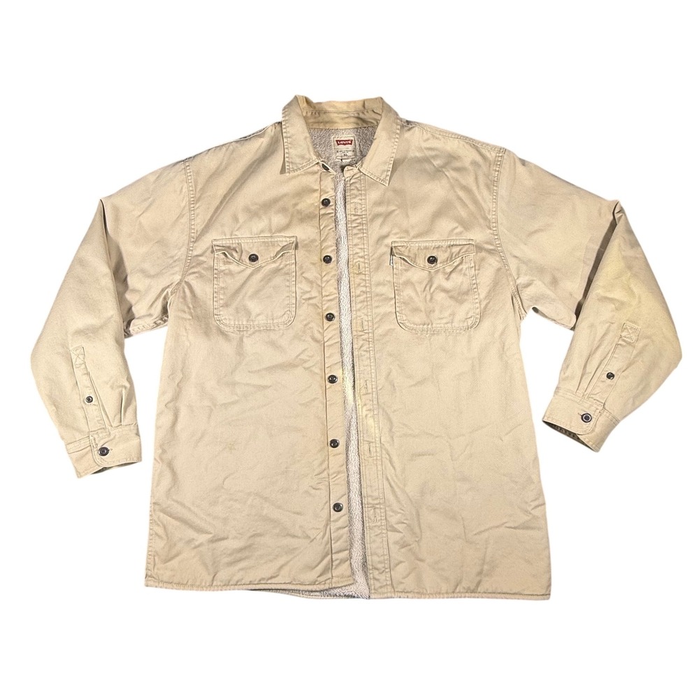 Levis Mens XL Tan Sherpa Lined‎ Cotton Twill Button Down Shirt Jacket Khaki